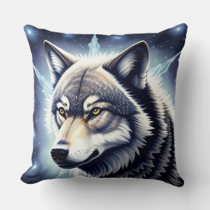 Coussin Portrait de loup aux yeux dorés intenses
