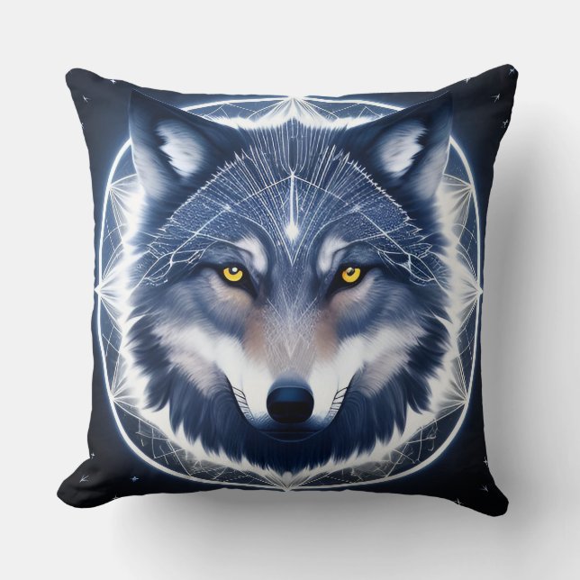 Coussin Portrait de loup aux yeux dorés intenses (Recto)