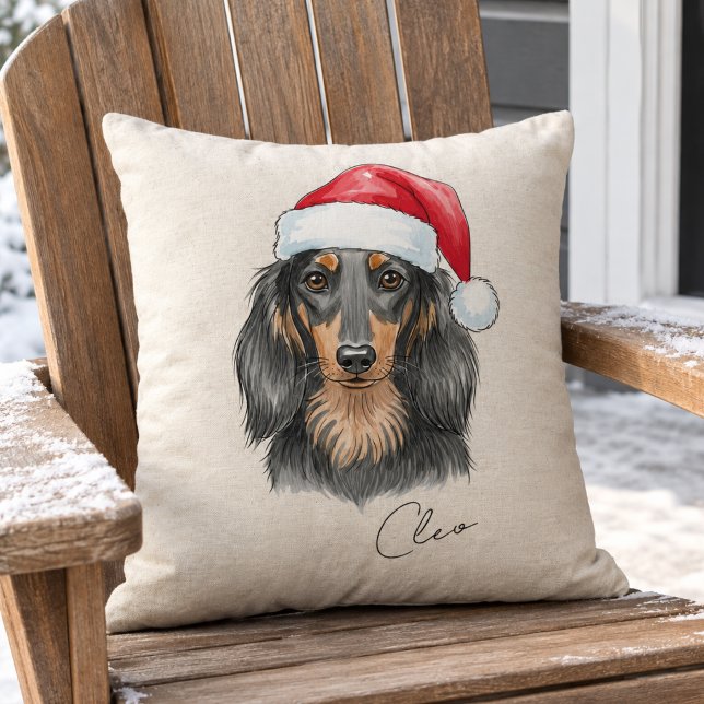 Coussin Portrait de Noël Dachshund personnalisé (Dachshund Christmas Illustration Pet Name Throw Pillow)