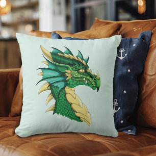 Coussin Portrait de tête de dragon vert émeraude Fantastiq