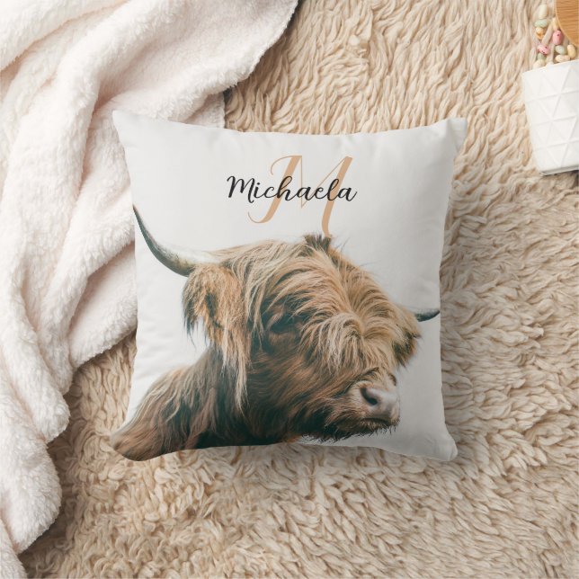 Coussin Portrait de vache Highland nom personnalisé monogr (Couverture)