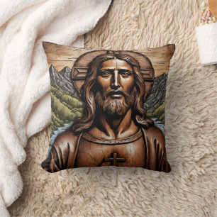 Coussin Portrait en bois sculpté de Jésus dans la nature