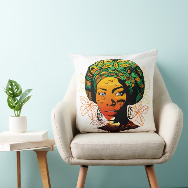 Coussin Portrait féminin africain avec coucher de soleil (Chaise)