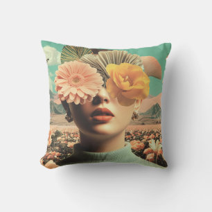 Coussin Portrait Féminin Surréaliste avec des Fleurs Couvr