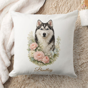 Coussin Portrait floral de Husky sibérien