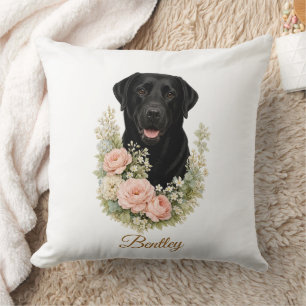 Coussin Portrait floral de Labrador noir