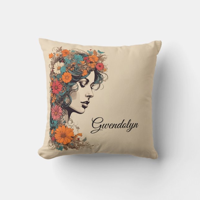 Coussin Portrait floral gracieux Nom personnalisé Jeu d'or (Recto)