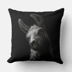 Coussin Portrait Head Cute Llama avec Arrière - plan noir