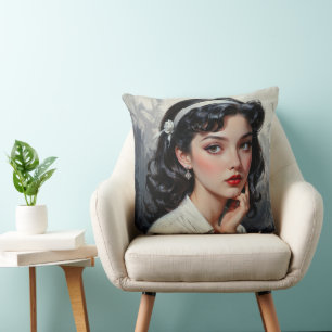 Coussin Portrait inspiré par Retro d'une jeune femme réflé