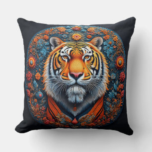 Coussin Portrait majestueux de tigre entouré de fleurs