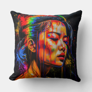 Coussin Portrait Neon Vibrant - Art Expressionniste Abstra