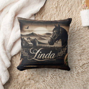 Coussin Portrait rustique de Cheval Noir au paysage du cou