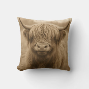 Coussin Portrait sépia de vache des Highlands