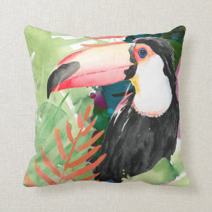 Coussin Portrait toucan avec Feuilles tropicaux