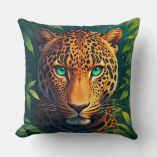 Coussin Portrait vibrant de léopard aux yeux émeraude