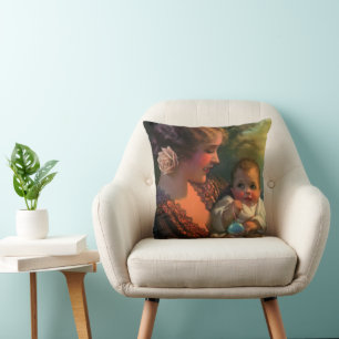 Coussin Portrait vintage de la fête des Mères, Maman et Bé