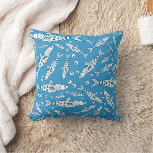 Coussin Portugais Lisbonne Sardines Motif Azulejos Bleu
