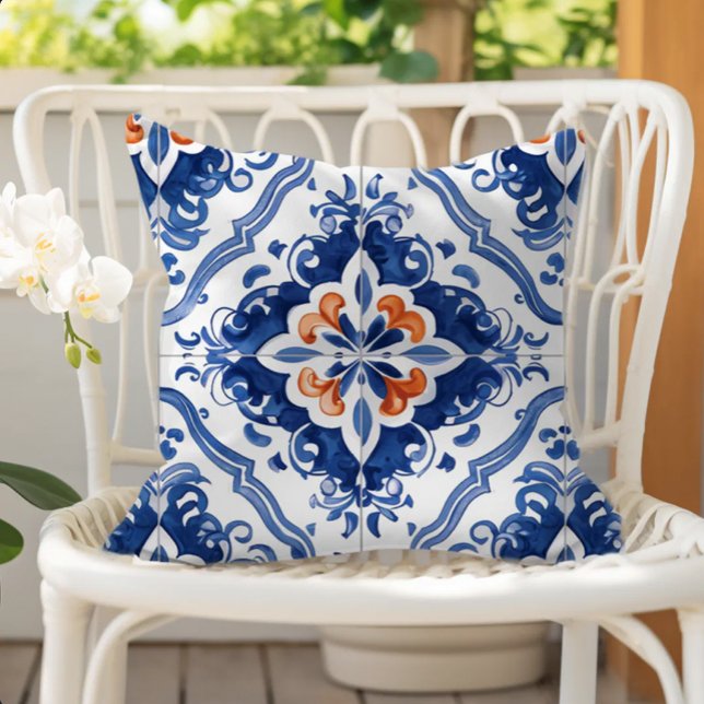 Coussin Portuguese Tile Pattern Blue White Orange (Créateur téléchargé)