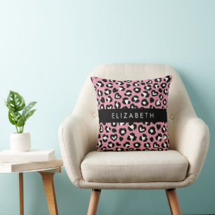 Coussin Poster de animal, Léopard Rose, Coeurs, Votre Nom