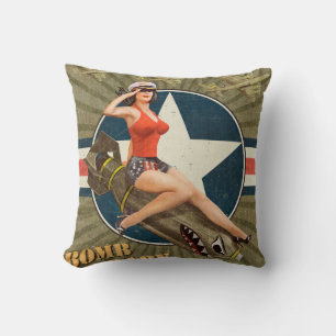 Coussin Poster vintage avec une petite fille sur la bombe.