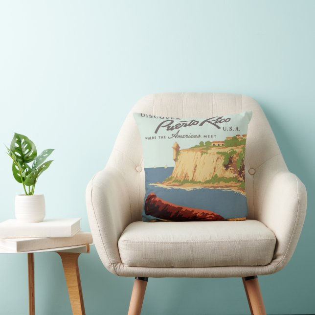 Coussin Poster Vintage voyage Art, Découvrez Porto Rico! (Chaise)