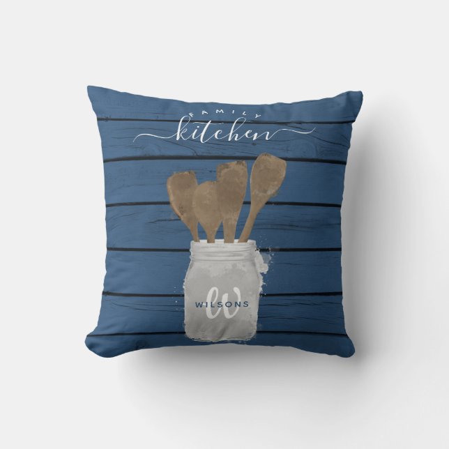 Coussin Pot à cuillère en bois bleu rustique pour la décor (Recto)