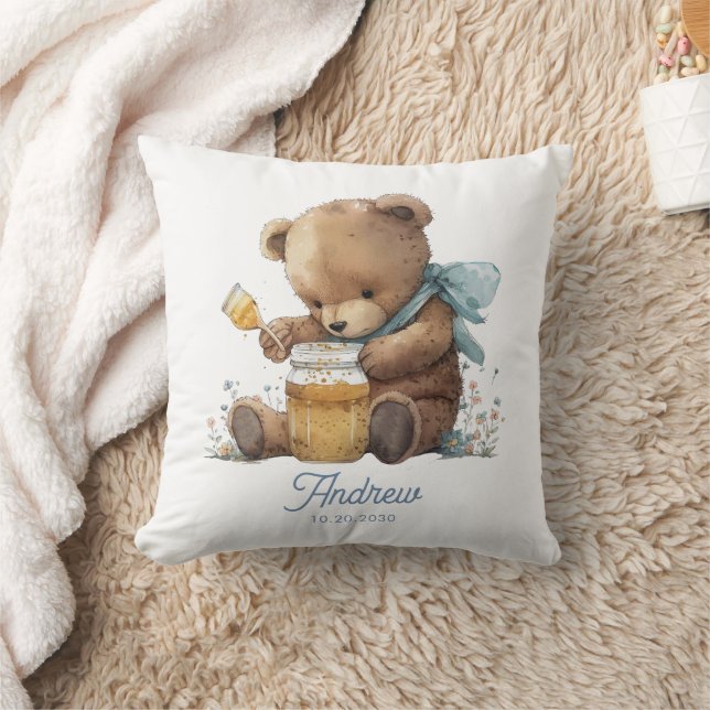 Coussin Pot à miel personnalisé à l'aquarelle avec un ours (Couverture)