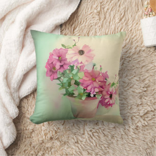 Coussin Pot de fleurs d'aquarelle rose
