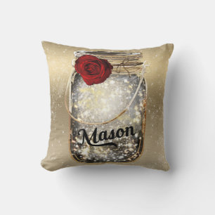 Coussin Pot Mason Jar Rose Rouge Pailleté Glamour Or