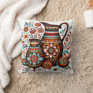 Coussin Poterie d'art folklorique vibrante aux dessins com