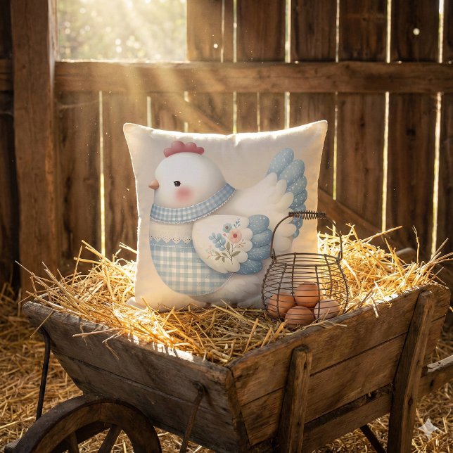 Coussin Poule de Cottage en Gingham Bleu (Blue Gingham Cottage Hen Throw Pillow Mockup C)