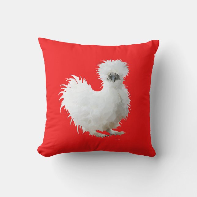 Coussin Poule Soie sur fond rouge (Recto)