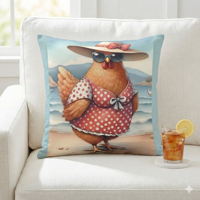 Coussin Poules en maillots de bain au bord de la mer (Chickens in Swimsuits at the Seaside Throw Pillow Mockup A)