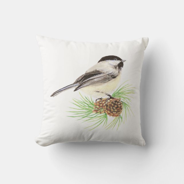 Coussin Poulet d'aquarelle original en Pine Tree Nature (Recto)