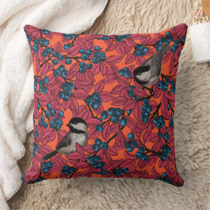 Coussin Poulet sur les branches de bleuets sur l'orange