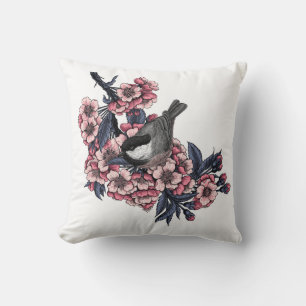Coussin Poulet sur une branche de cerise en fleurs
