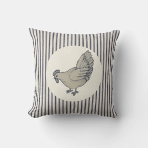 Coussin Poulet vintage et carreau rayé de coutil