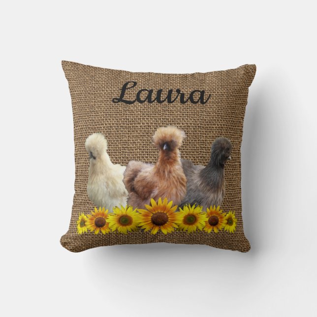 Coussin Poulet Votre Nom Silkie Sunflowers Burlap (Recto)