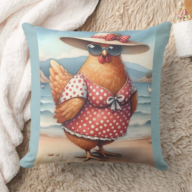 Coussin Poulets en maillots de bain en bord de mer (Couverture)
