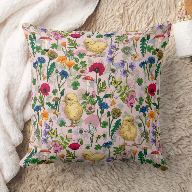 Coussin Poulets et fleurs sauvages sur coton bonbon rose (Couverture)