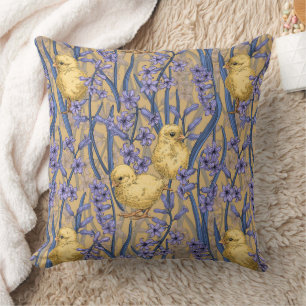 Coussin Poulets et hyacinthes jaunes