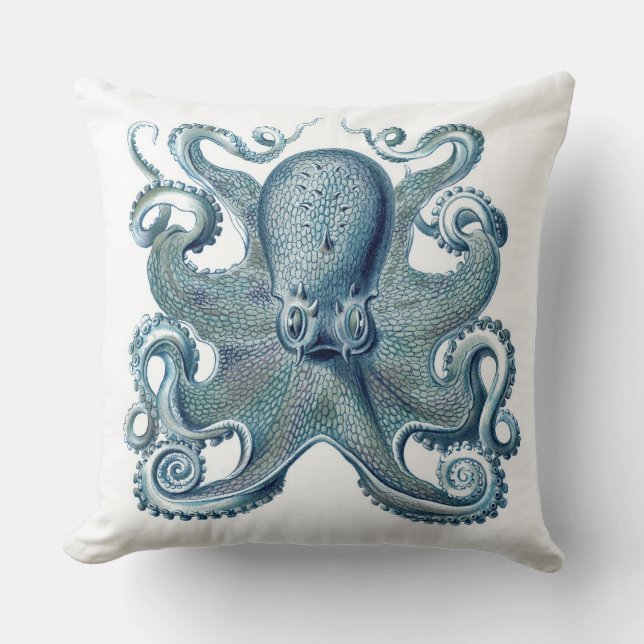 Coussin Poulpe bleu sur le carreau blanc et nautique (Recto)