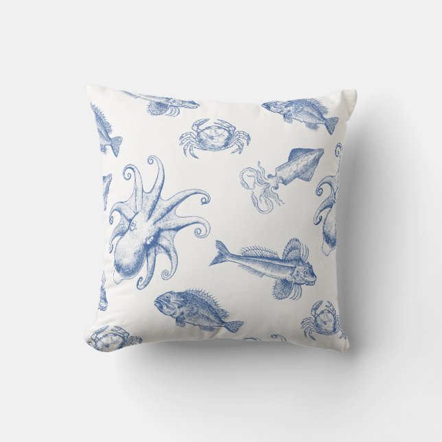 Coussin poulpe bleue et blanche, calmar, crabes et poisson (Recto)