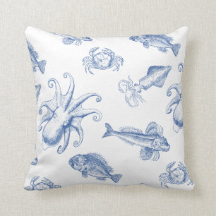 Coussin poulpe bleue et blanche, calmar, crabes et poisson