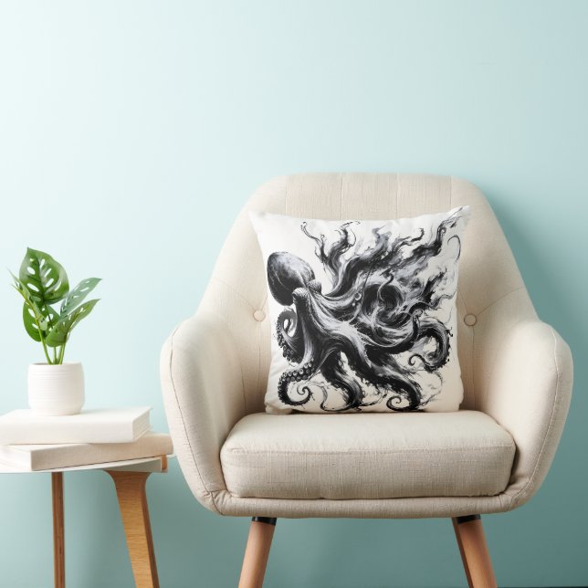 Coussin Poulpe Kraken Fluide Encre Abstraite (Chaise)