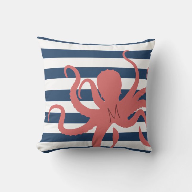 Coussin Poulpe rouge moderne plage blanc rayé bleu marine (Recto)