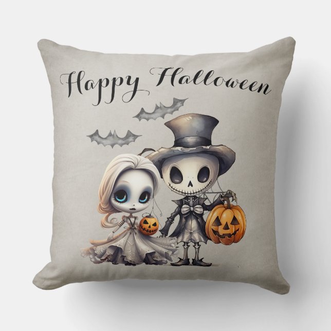 Coussin Poupée fantôme effrayante et squelette Halloween (Recto)