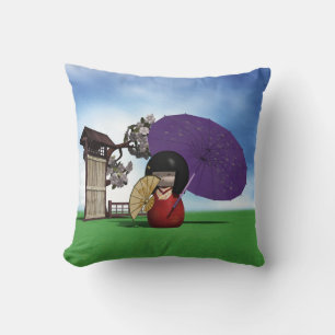 Coussin Poupée Kokeshi Japonaise Art Fleur de Cerisier