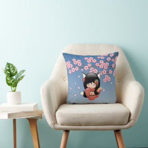 Coussin Poupée Kokeshi Kitsune - Fille Geisha Renard Noir