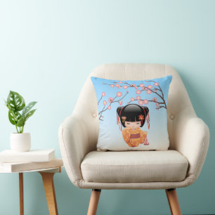 Coussin Poupée Kokeshi Ume - Fille Geisha Japonaise Bleue